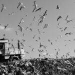 a flock of birds flying over a dumpster